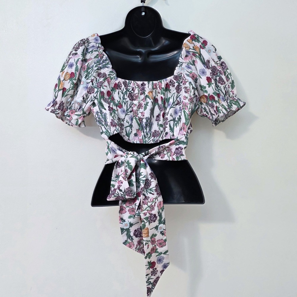 Cider Floral Puff Sleeve Milkmaid Crop Top Sz S Tie Back Bow Cottage Coquette - Picture 3 of 8